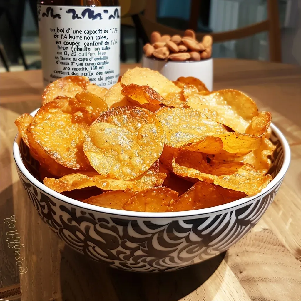 Side view of sweet and salty chips de beurre et de noix on a wooden table.