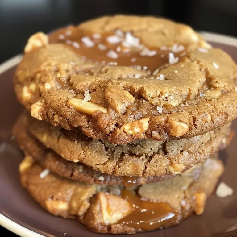 A close-up view of golden-brown caramel cookies, showcasing chocolate chips and sea salt.