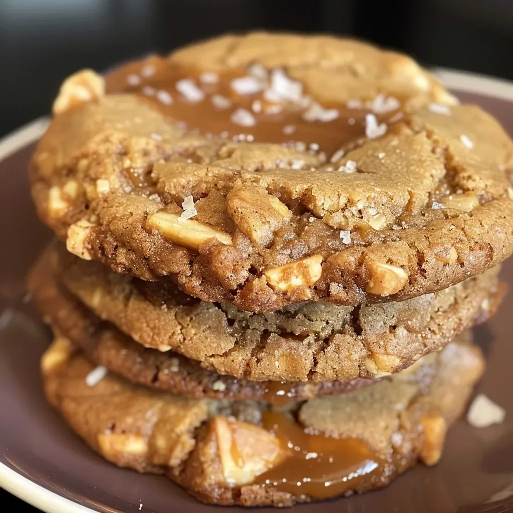 A close-up view of golden-brown caramel cookies, showcasing chocolate chips and sea salt.