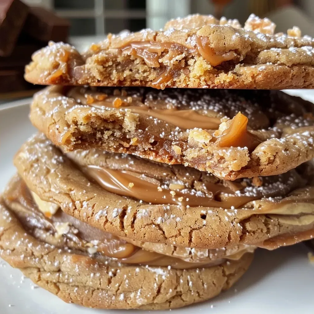 Side angle of freshly baked cookies with a rich caramel drizzle and melted chocolate pieces.