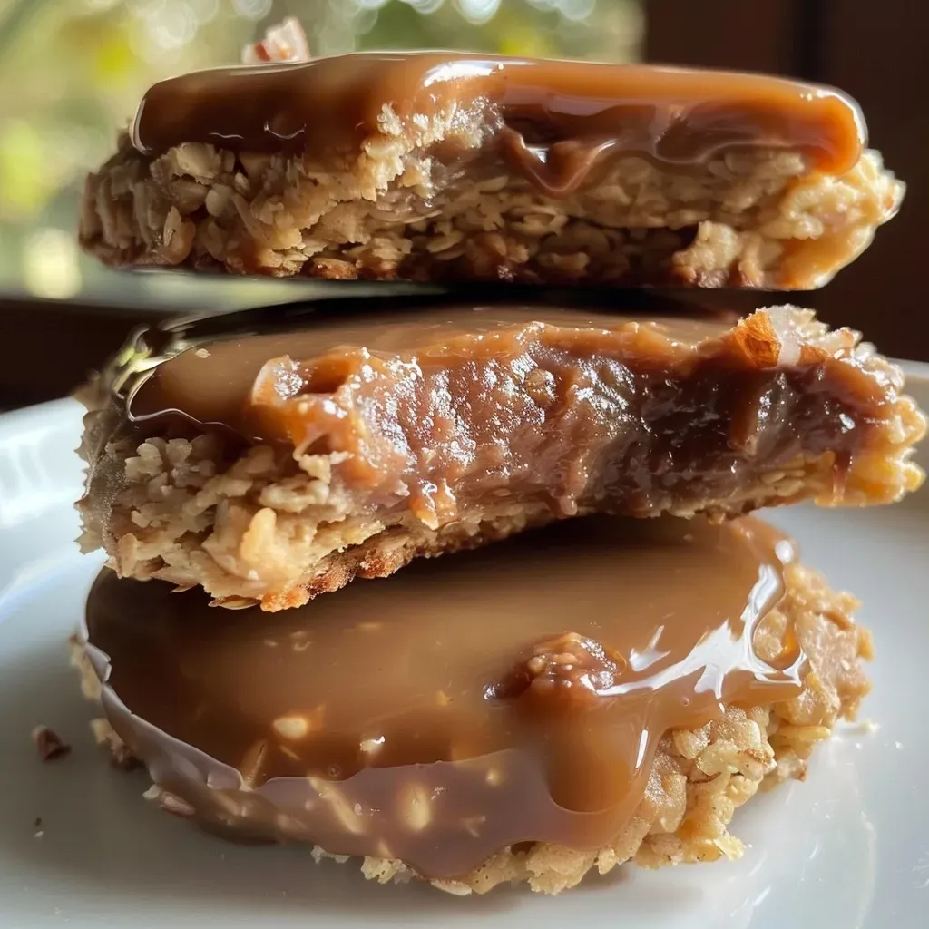 Close-up side view of caramel cookies, showcasing their golden-brown color and gooey texture.