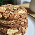 A close-up side view of freshly baked white chocolate cookies on a wooden table.