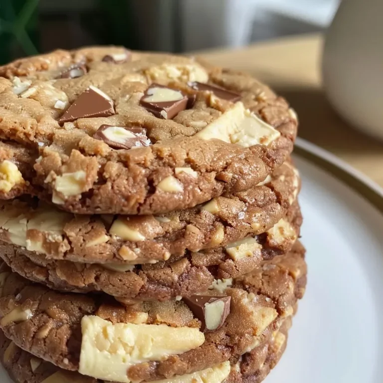 A close-up side view of freshly baked white chocolate cookies on a wooden table.