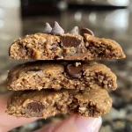 Close-up side view of protein cookies, showcasing a golden-brown color and gooey chocolate chips.