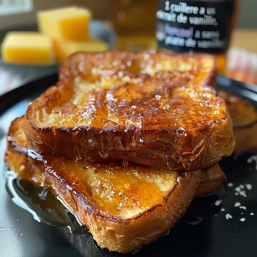 Side view of a slice of crème brûlée French toast, showing its golden-brown texture.