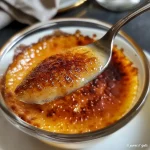 Close-up view of a creamy crème brûlée with a caramelized sugar crust.