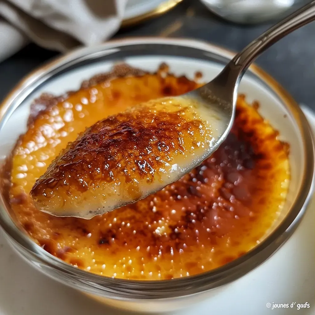 Close-up view of a creamy crème brûlée with a caramelized sugar crust.