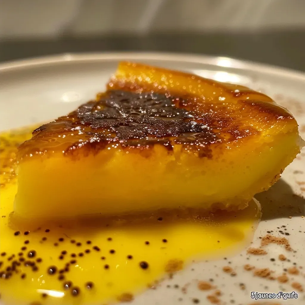Side angle of a rich crème brûlée topped with golden caramelization.