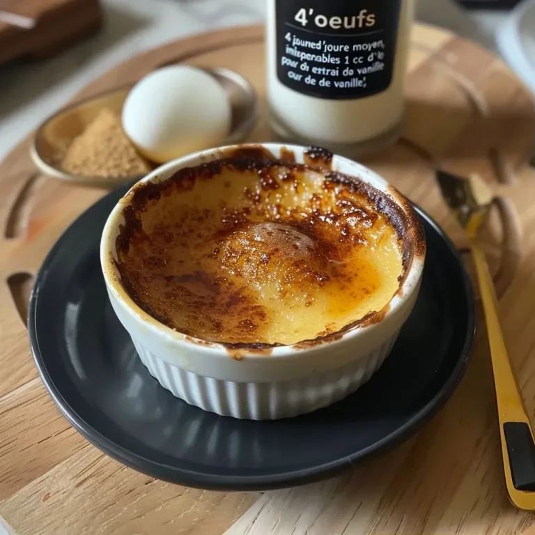 A close-up side view of a creamy crème brûlée protéinée in a ramekin, showcasing its golden caramelized top.