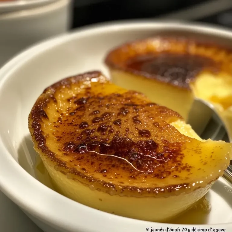 Close-up of a creamy crème brûlée with a caramelized top layer.