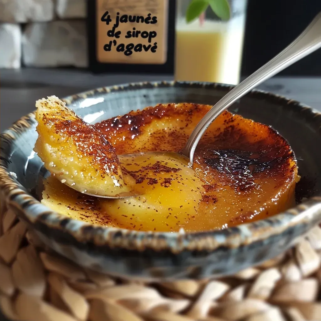 Side view of a decadent crème brûlée showcasing its rich texture.