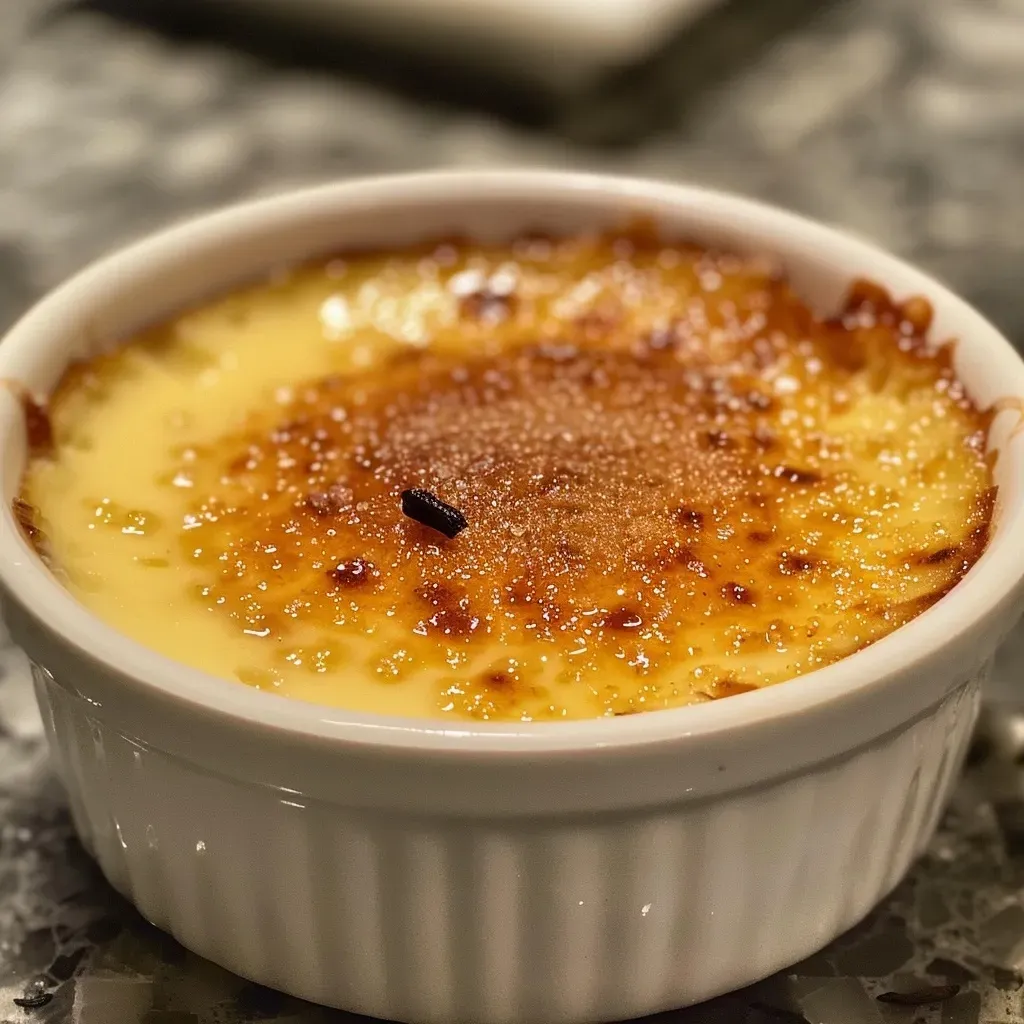 A delicious-looking crème brûlée featuring a smooth vanilla custard and a crispy burnt sugar layer.