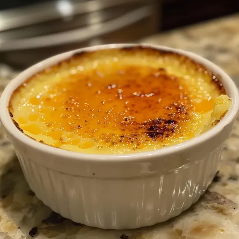 La crème brûlée de ma grand-mère : un délice crémeux à la vanille A close-up view of a creamy crème brûlée topped with caramelized sugar.