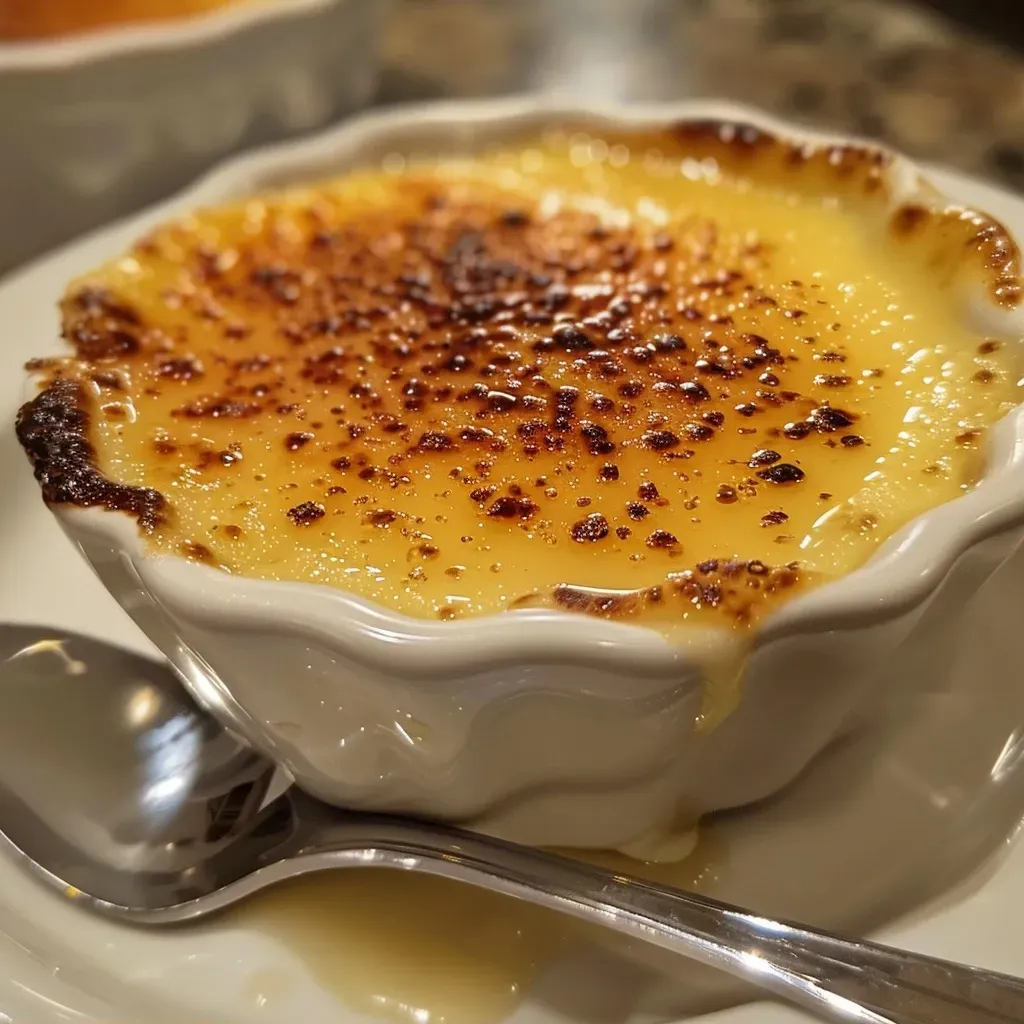 Side view of a golden, glossy crème brûlée in a small dish.