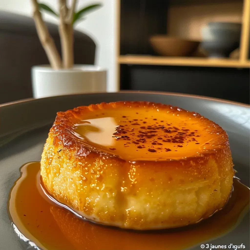 Side view of a golden-brown crème dessert presented on a plate.