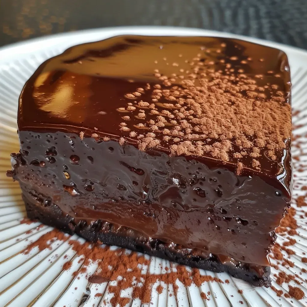 Side view of a rich chocolate crème dessert topped with a glossy finish.