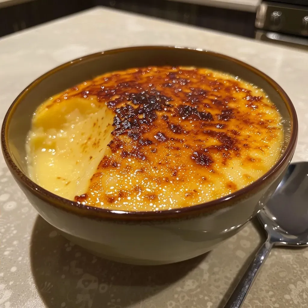 Side angle of a rich crème dessert au potimarron with a glossy finish, served in a clear dish.