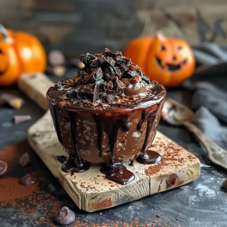 Crèmes légères au chocolat : un délice effrayant pour Halloween Close-up view of Halloween-themed chocolate crèmes in glass cups.
