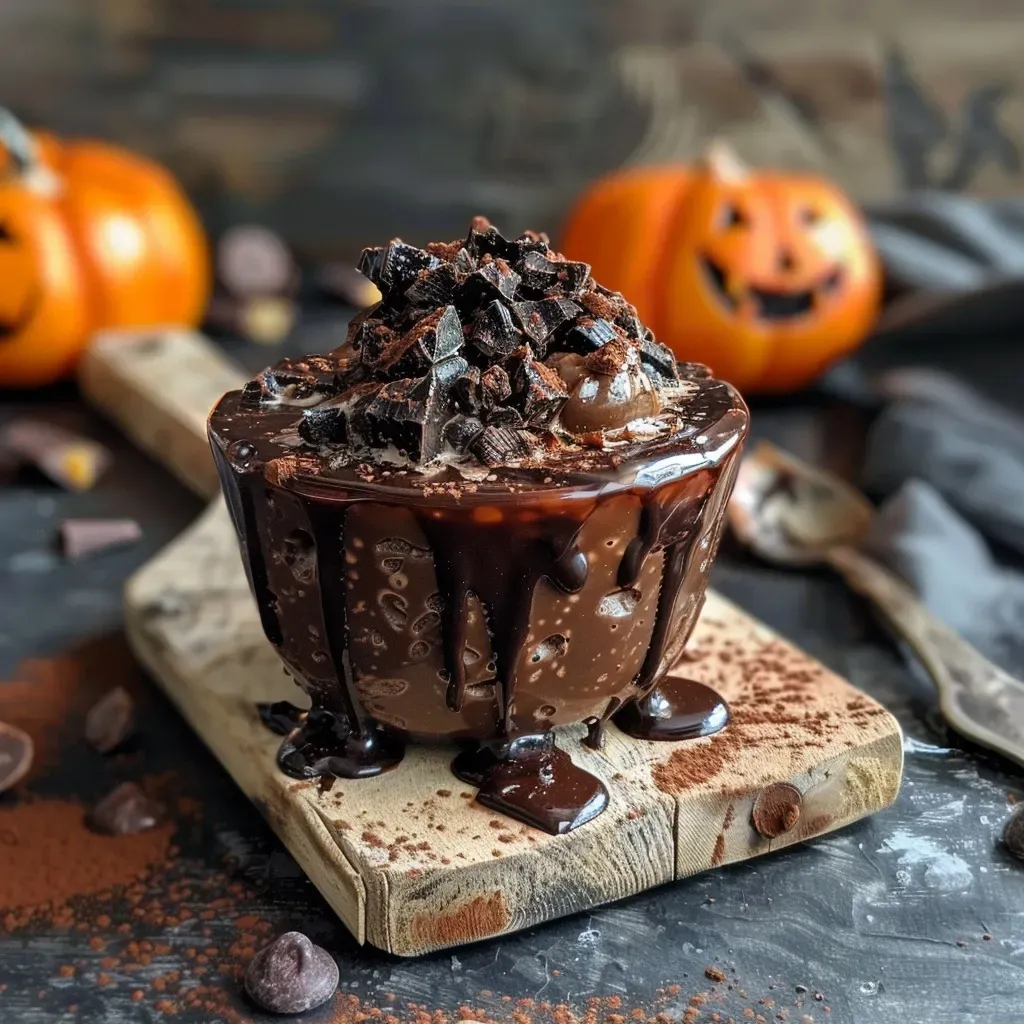 Close-up view of Halloween-themed chocolate crèmes in glass cups.