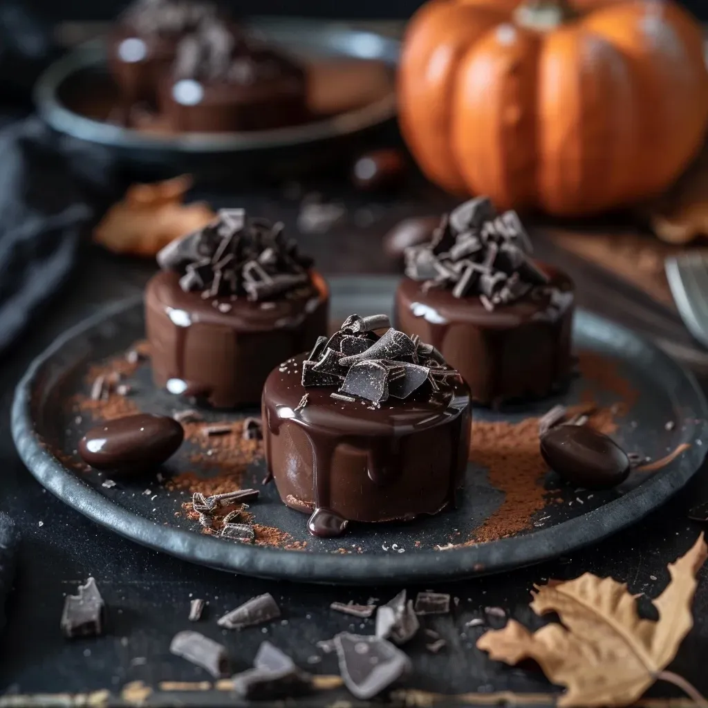 Side view of creamy chocolate desserts topped with cocoa powder for Halloween.
