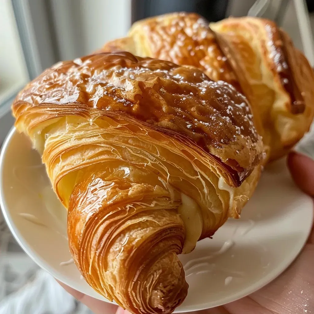 Side view of a golden croissant with cream filling, showcasing its flaky texture.