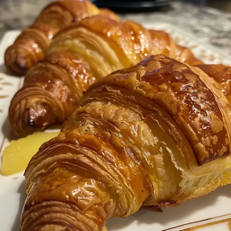 Close-up of golden-brown croissants filled with apples and cinnamon.