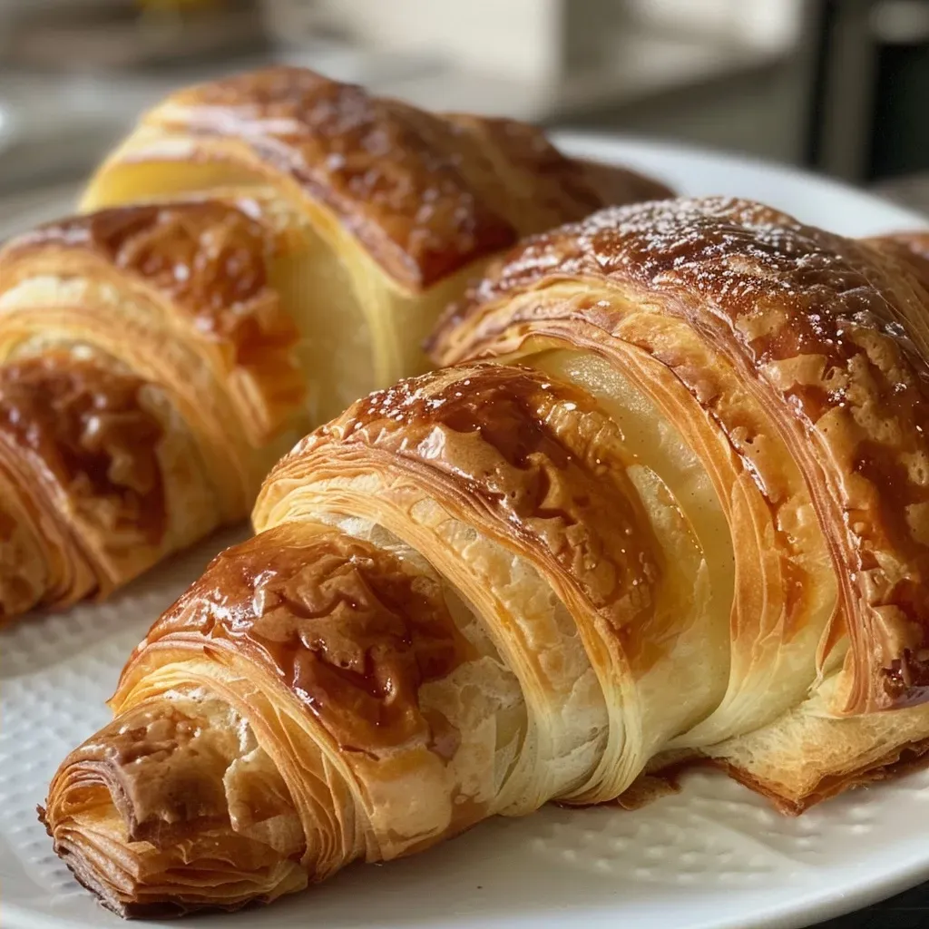 Side view of flaky croissants with apple slices and a sprinkle of cinnamon.