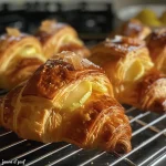 Close-up view of golden croissants filled with apple slices and dusted with sugar.