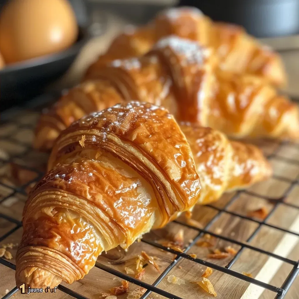 Side view of flaky apple croissants showcasing their buttery layers and juicy filling.