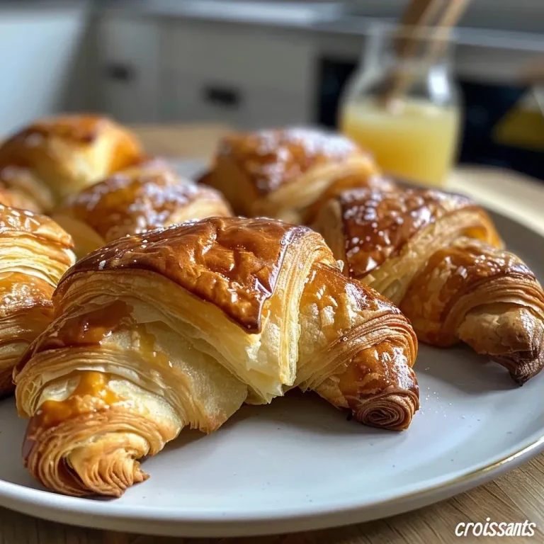 Close-up of a flaky croissant filled with apple slices and caramelized sugar.