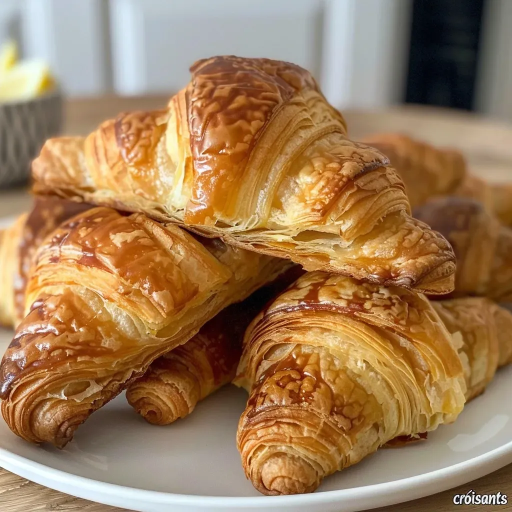Side view of a golden croissant with visible apple filling and a glossy sheen.