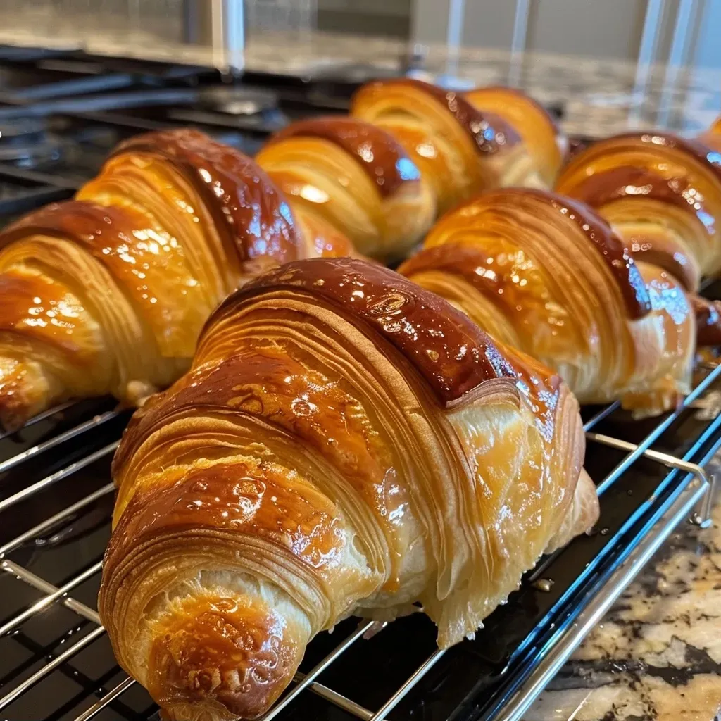 Close-up side view of freshly baked croissants on a plate.