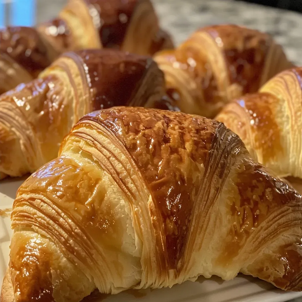 A tempting display of golden, flaky croissants arranged neatly.