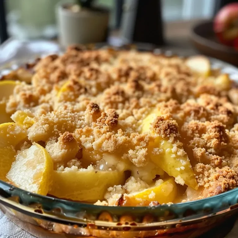 Crumble aux Pommes Revisité : Un Voyage Gourmand en Douceur Close-up view of a juicy crumble aux pommes with golden-brown topping and apple slices.
