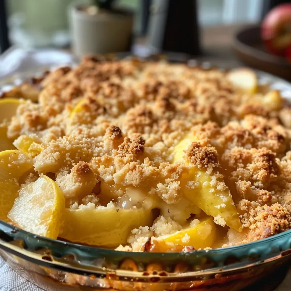 Close-up view of a juicy crumble aux pommes with golden-brown topping and apple slices.