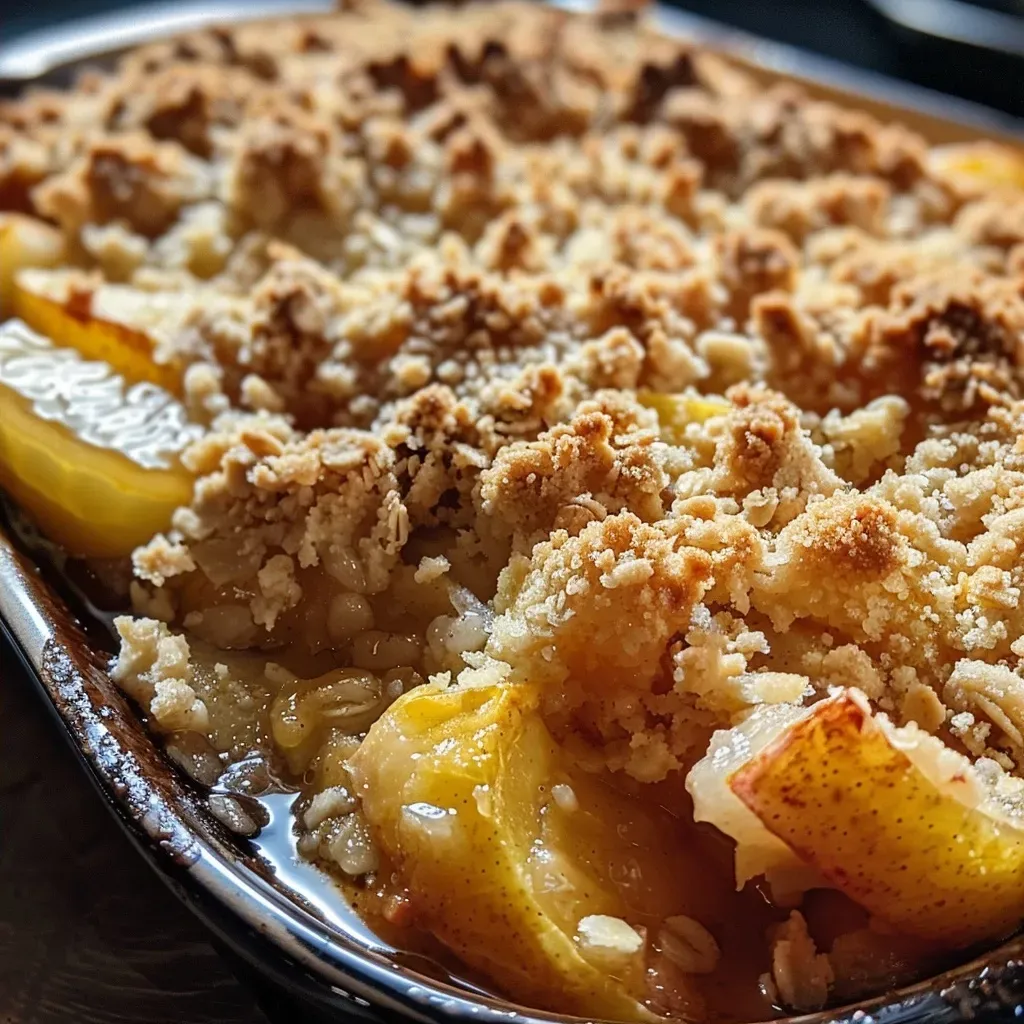 Side view of a delicious apple crumble featuring a textured crust and fresh apple ingredients.