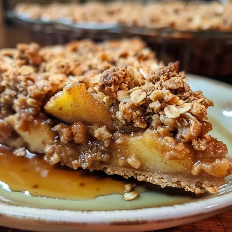 Close-up of a healthy apple crumble with oats, showcasing golden-brown topping and visible apple slices.