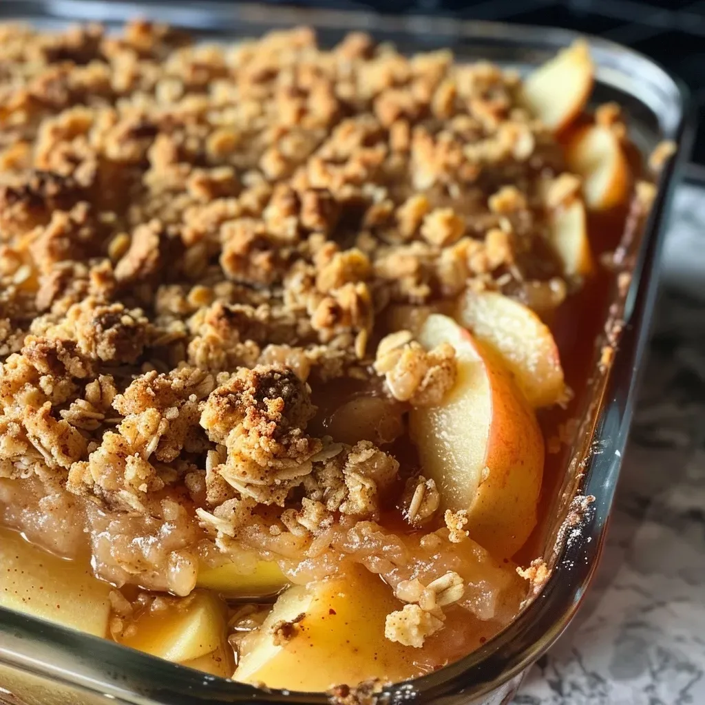 Side view of a nutritious apple crumble dish, highlighting the oat crust and juicy apple filling.