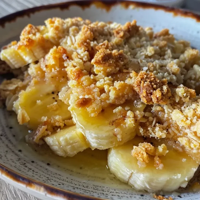 A close-up of a slice of crumble banana dessert with a golden-brown cinnamon crust.