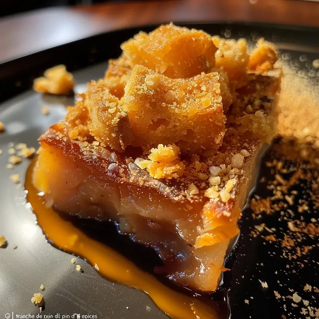 Close-up view of a juicy crumble de foie gras with figs and spiced bread.