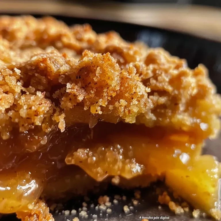Le crumble de poires au pain d’épices qui réchauffe le cœur Close-up view of a pear crumble featuring pieces of spices bread and a golden brown topping.
