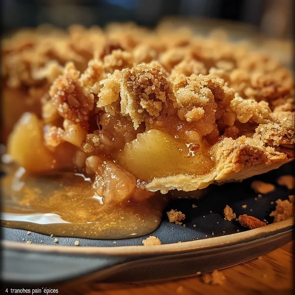 Side view of a juicy pear crumble dish, showcasing a crumbly topping and sliced pears.