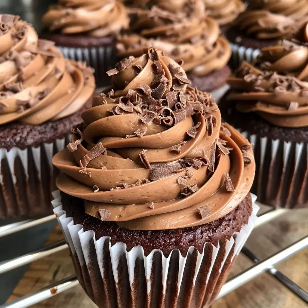 Side view of moist chocolate cupcakes topped with a rich chocolate glaze.