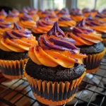 A close-up side view of gluten-free Halloween cupcakes decorated with ghostly faces.