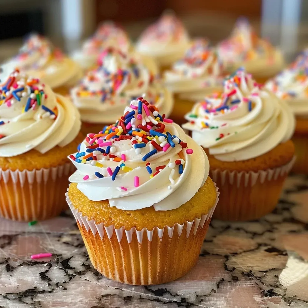 Side view of moist vegan vanilla cupcakes with colorful sprinkles.
