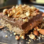 Close-up of a layered crispy praline croustillant dessert with chocolate and feuilletine.