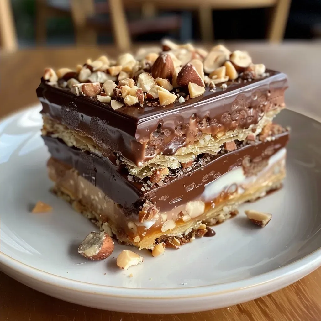 Side view of a decadent dessert featuring chocolate layers and a feuilletine crunch.