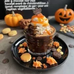 Close-up of a Halloween-themed dessert featuring dark chocolate, whipped cream, and sugar skeletons.