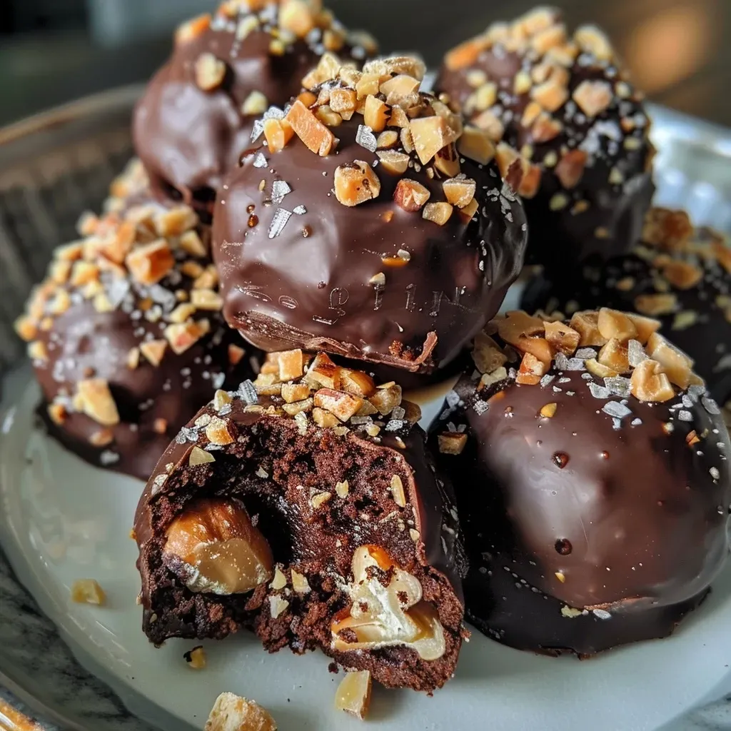 ['Close-up of a healthy Ferrero Rocher, showcasing the chocolate coating and hazelnut filling.', 'Side view of a nutritious Ferrero Rocher with visible cocoa dust and chunks of dark chocolate.', 'Detailed image of a homemade Ferrero Rocher featuring hazelnuts and a shiny chocolate exterior.', 'A vibrant Ferrero Rocher positioned on a clean surface, highlighting its rich texture and ingredients.']