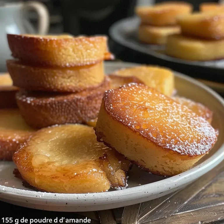 Close-up of a golden brown financiers à la pomme with chunks of apple.